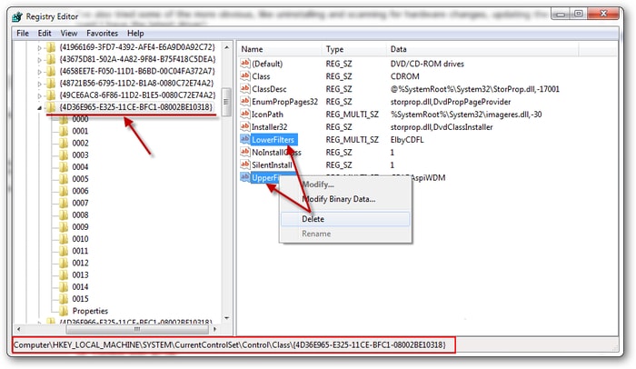 Select UpperFilters & LowerFilters then Delete in Registry Editor