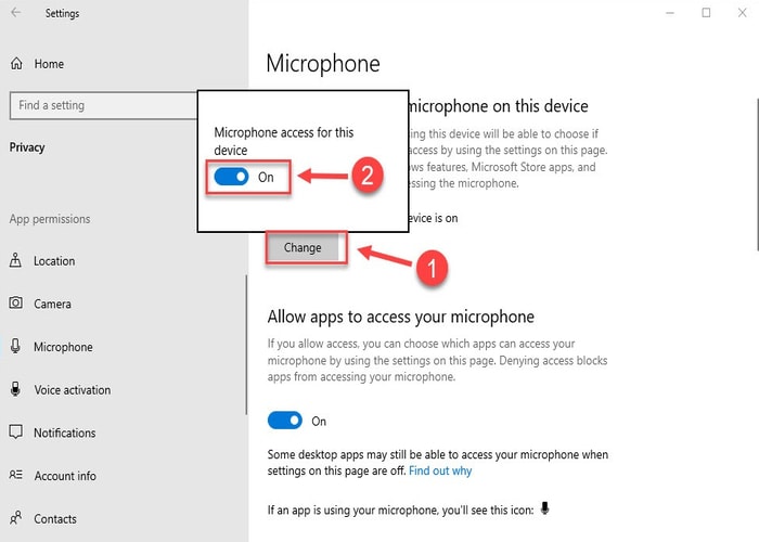 Click on Change and Microphone access for Zoom is ON