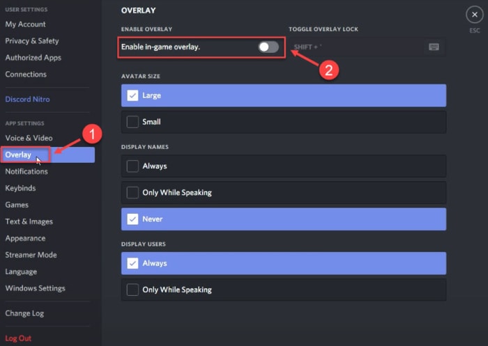 Turn off Enable in-game Overlay Option from Discord