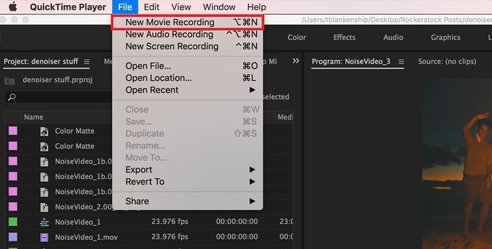 Select New Movie Recording Option in File Tab in Quick Time Player on Mac