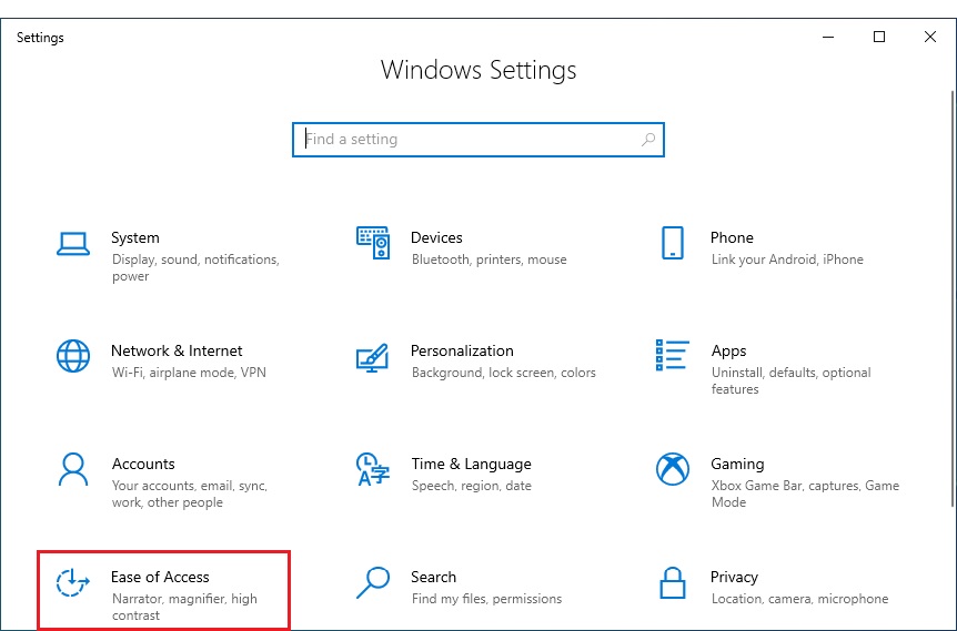 Choose Ease of Access from Windows Settings