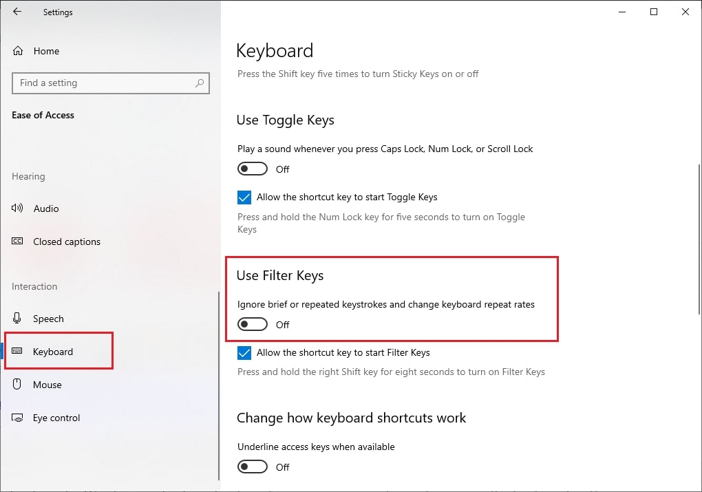 Turn Off the Toggle in Use Filter Keys Section