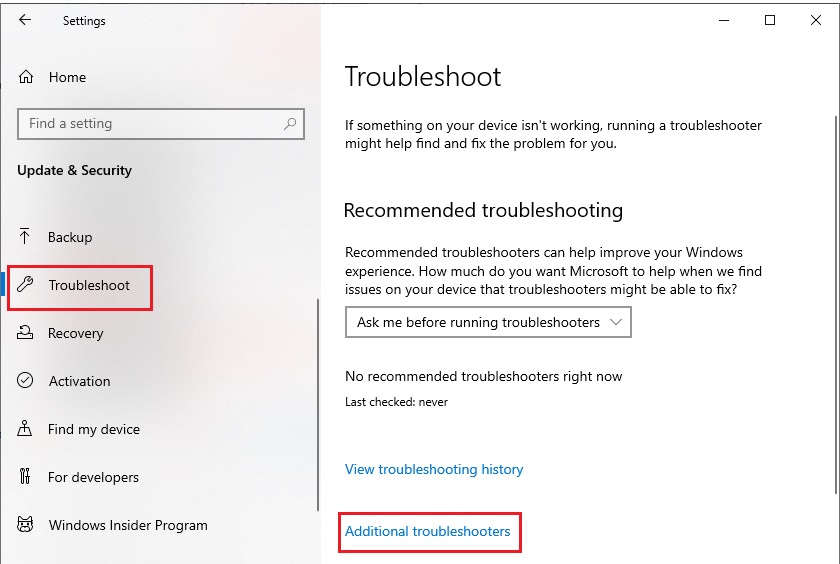 Select Additional Troubleshooters option in Troubleshoot tab