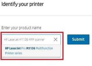 Identify your HP Printer by type in search box