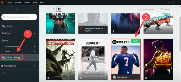 choose My Game Library and Select FIFA 22 Tile 