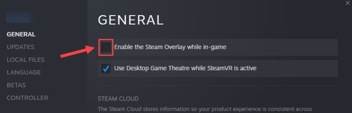 Uncheck Enable the Steam Overlay while in-game option