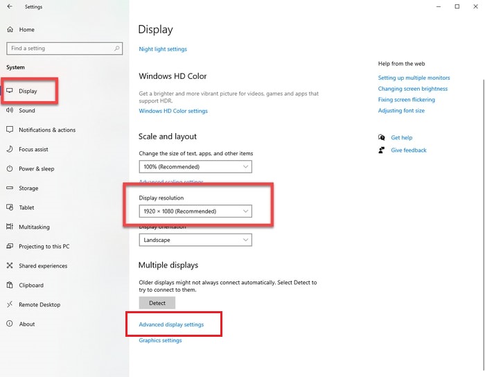 Advance Display setting in Display Tab