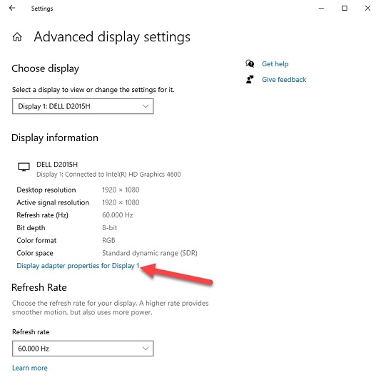 Select the Display adapter properties for Display 1