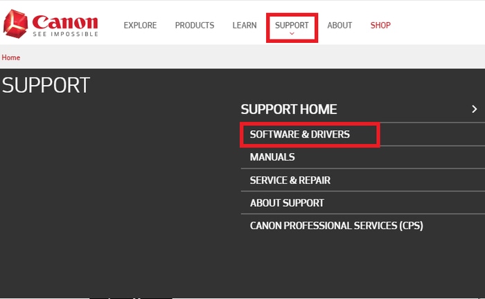 Choose Software & Drivers in Support Tab From Canon Official Site