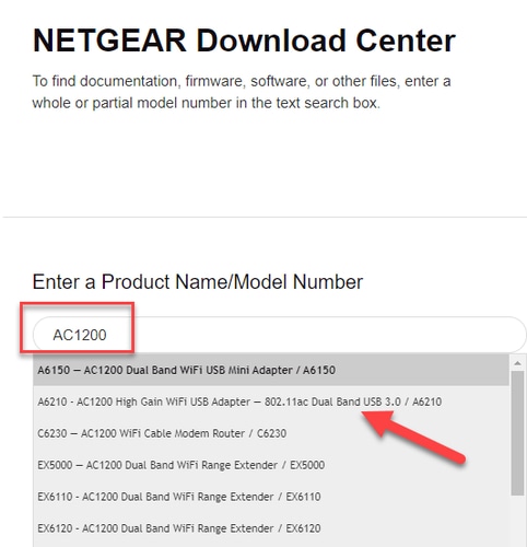 Type your NETGEAR Product Name or Model Number in the Search bar