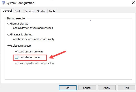 Unmark Load Startup Items from System Configuration General Tab