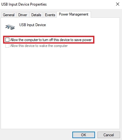 Unmark Allow the Computer to Turn off this device to save power option