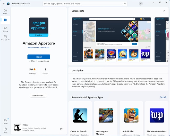 Search for Amazon Appstore and Click on install