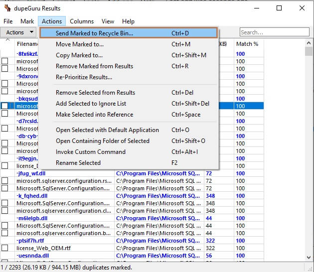 Select Send Marked to Recycle Bin