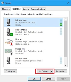Choose sound device and set default