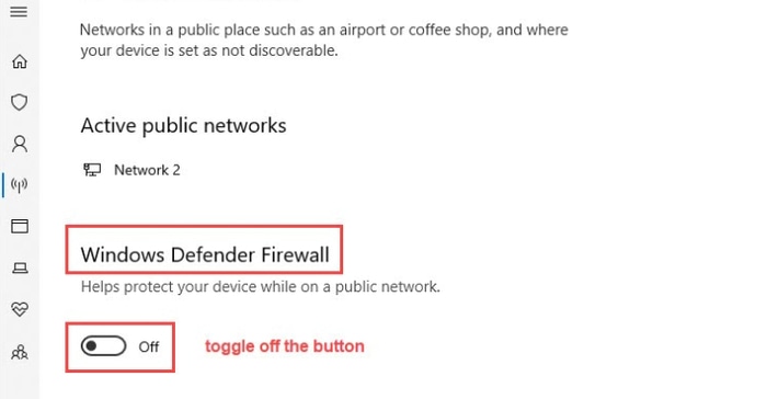Windows Defender Firewall and button to turn it off