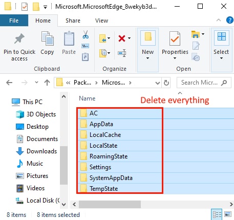 Remove Everything from Microsoft Edge Package Folder