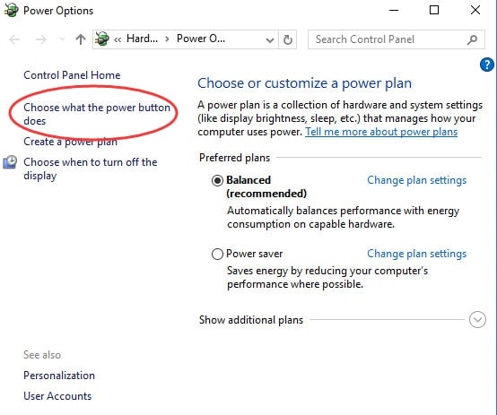 Select the function of the power switch in the energy options