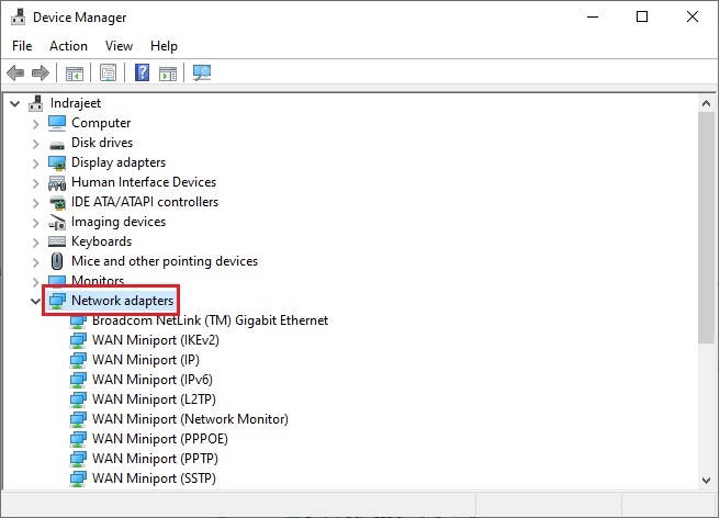 Click on Network Adapter in Device Manager