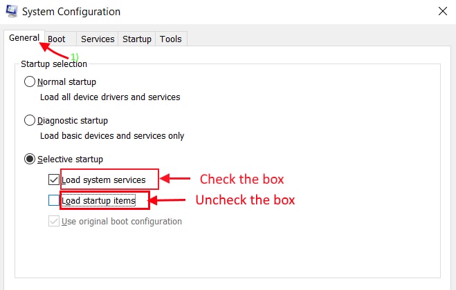 Select Load system services in System Configuration General Tab