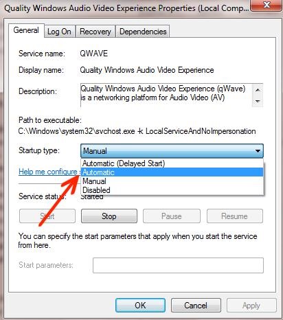 Set Startup Type Automatic of Quality Windows Audio Video Experience Service