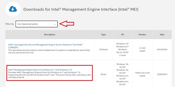 click on Intel Management Engine Driver for Windows 8.1 and Windows 10 link