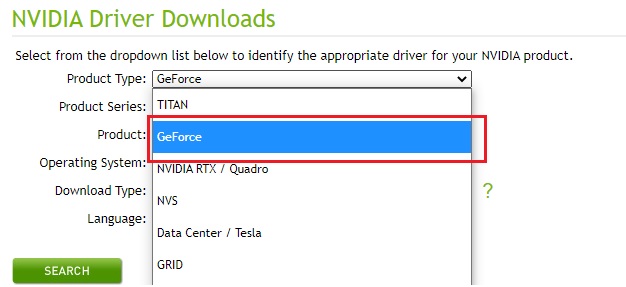 Select GeForce as Product Type