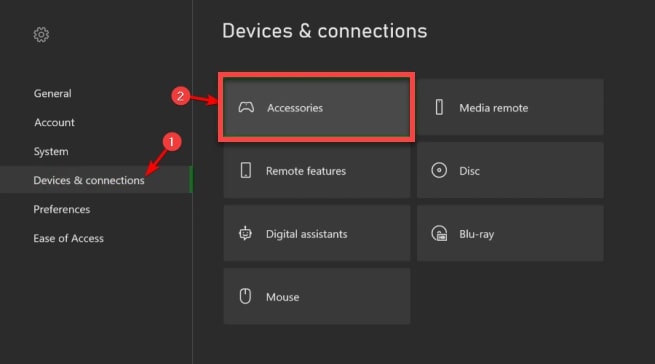 Choose Accessories under Devices & Connections Menu in Xbox One Controller Setting