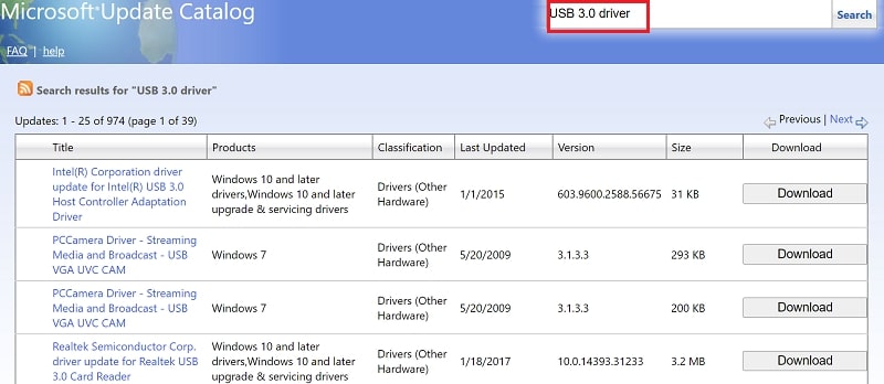 Download USB 3.0 Driver from Microsoft Update Catalog Website