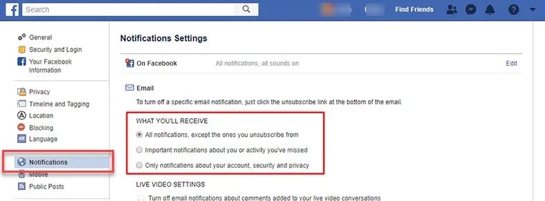 Email Notifications Settings in Facebook
