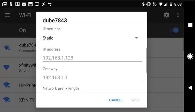 Set your Android’s IP address from DHCP to Static