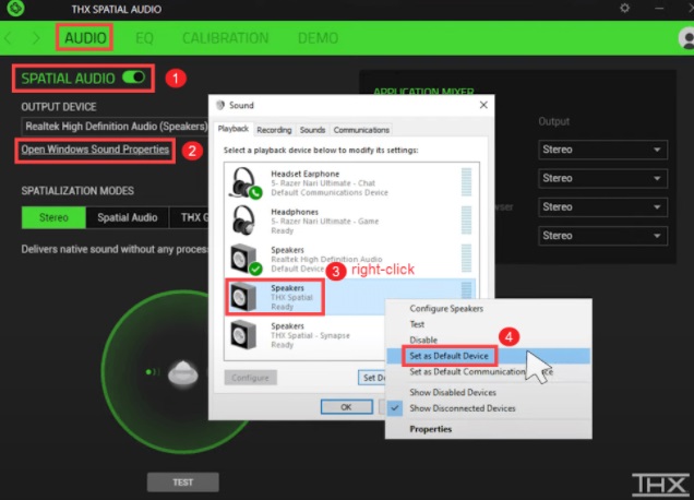 click right on Speakers THX Spatial Ready and choose Set as Default Device