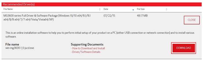 SELECT button to get the setup file of the Canon Mg3620 printer driver