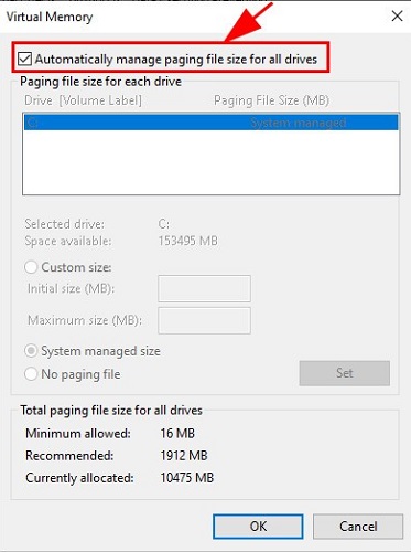 check the box before Automatically manage paging file size for all drives