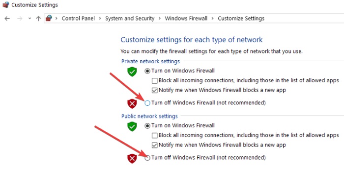 uncheck the box beside Turn off Windows Firewal