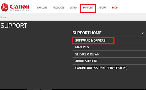 Canon SUPPORT tab and click on the SOFTWARE & DRIVERS