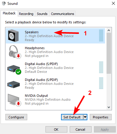 Speakers are not set as the default playback device