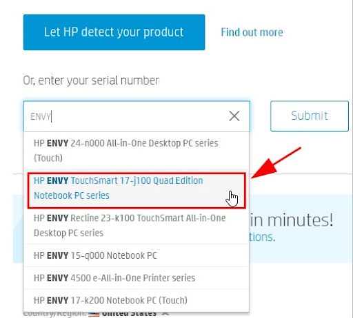 input the model number HP Website