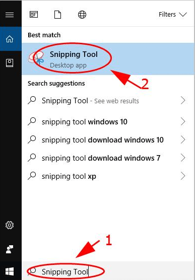 Open Snipping tool from windows search