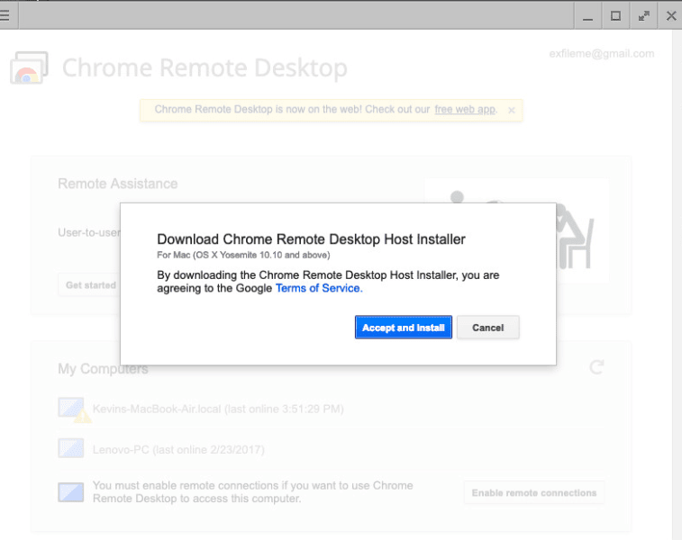 Chrome Remote Desktop- Accept and Install
