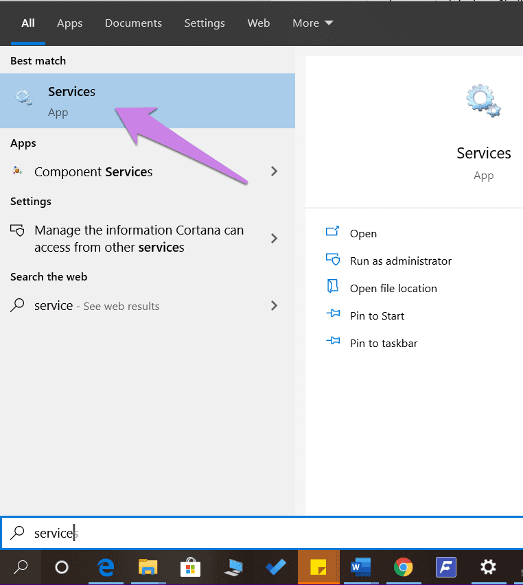 Search Sevices in Windows and Open it