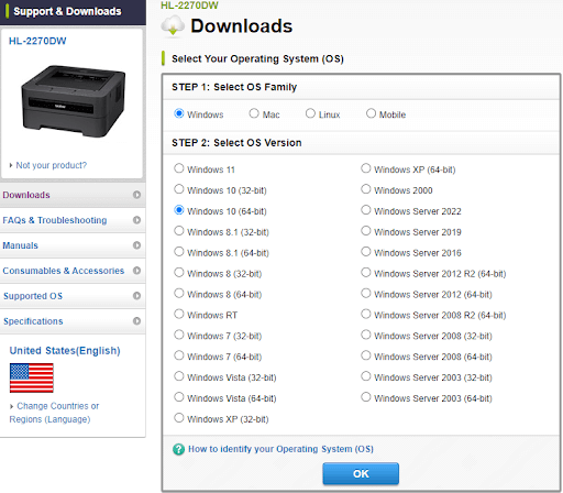 Choose OS to download Brother HL-2270DW