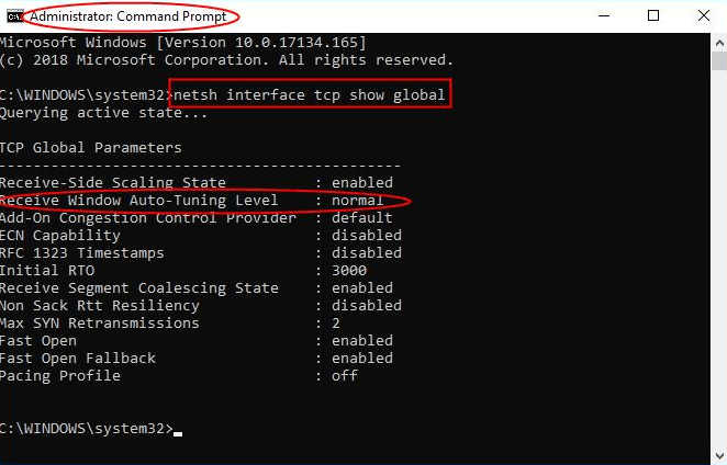 netsh interface tcp show global command