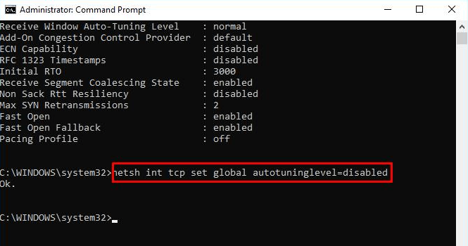 the netsh int tcp set global autotuninglevel=disabled cmd