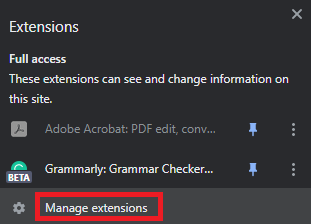 Click on Manage Extensions