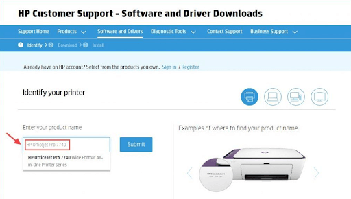 HP Officejet pro 7740 search for driver