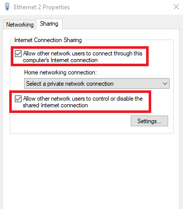 Allow Other Network Users to connect through this computer’s Internet connection