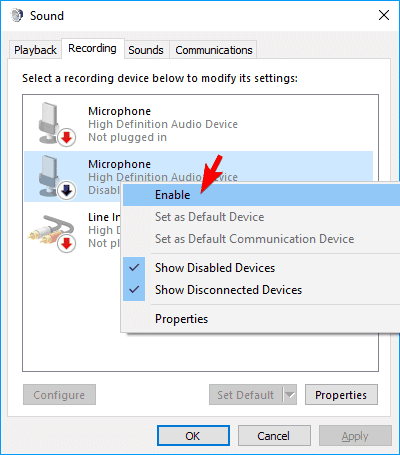 Microphone - choose the Enable option