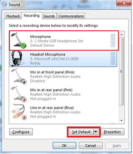 Select your microphone and click on the Set Default button