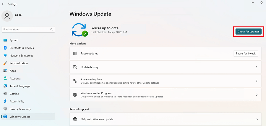 Click on Check for updates windows 11 button